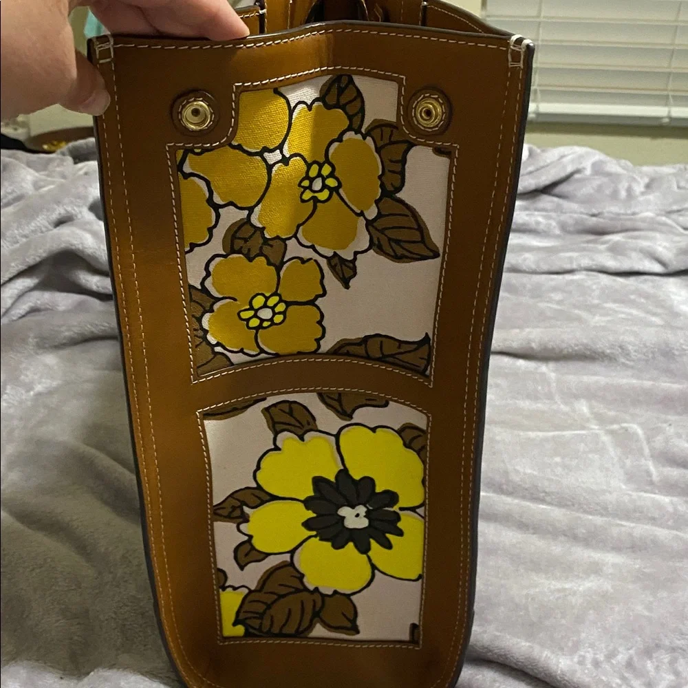Tory Burch Brown Leather Trim Floral Tote with Yellow, White & Black Accents